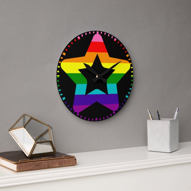 LGBTQ Pride Rainbow Colourful Christmas Star Large Clock (Office)