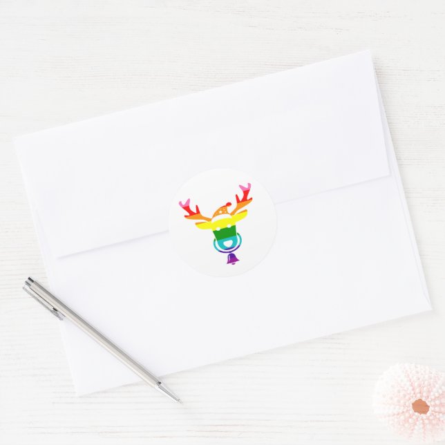 LGBTQ Pride Rainbow Cute Christmas Reindeer Classic Round Sticker (Envelope)
