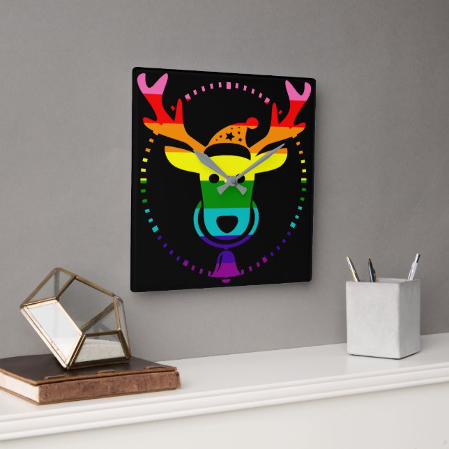 LGBTQ Pride Rainbow Cute Reindeer Head Christmas S Square Wall Clock (Office)