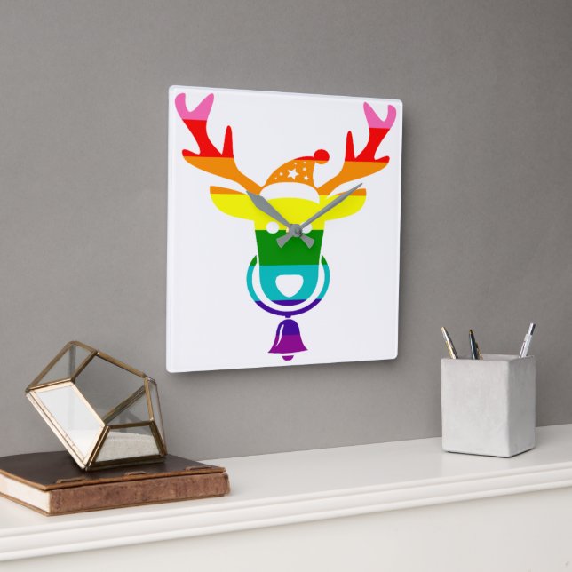 LGBTQ Pride Rainbow Cute Reindeer Head Christmas Square Wall Clock (Office)