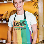 LGBTQ Pride rainbow flag Love is never wrong Apron<br><div class="desc">LGBTQ Pride rainbow flag apron featuring the caption Love is Never Wrong in black lettering decorated with a little rainbow heart.</div>