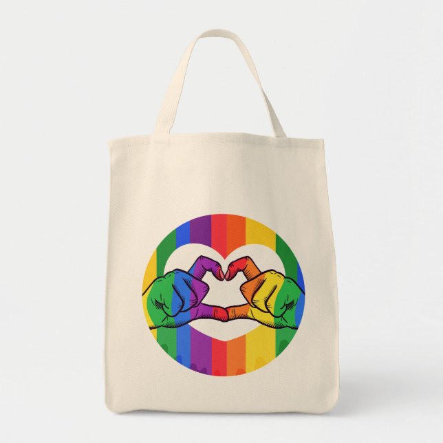 LGBTQ Pride Rainbow Heart Hands Tote Bag (Front)