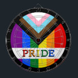 LGBTQ & Pride - Rainbow Progress Flag Dartboard<br><div class="desc">Dartboard: Rainbow Flag & the "Progress" variation adds a chevron along the hoist that features black, brown, light blue, pink, and white stripes to bring those communities (marginalised people of colour, trans individuals, and those living with HIV/AIDS and those who have been lost) to the forefront; "the arrow points to...</div>