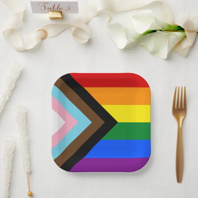 LGBTQ & Pride - Rainbow Progress Flag Paper Plate (Wedding)