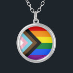 LGBTQ & Pride - Rainbow Progress Flag  Silver Plated Necklace<br><div class="desc">Necklace: Rainbow Flag & the "Progress" variation adds a chevron along the hoist that features black, brown, light blue, pink, and white stripes to bring those communities (marginalised people of colour, trans individuals, and those living with HIV/AIDS and those who have been lost) to the forefront; "the arrow points to...</div>