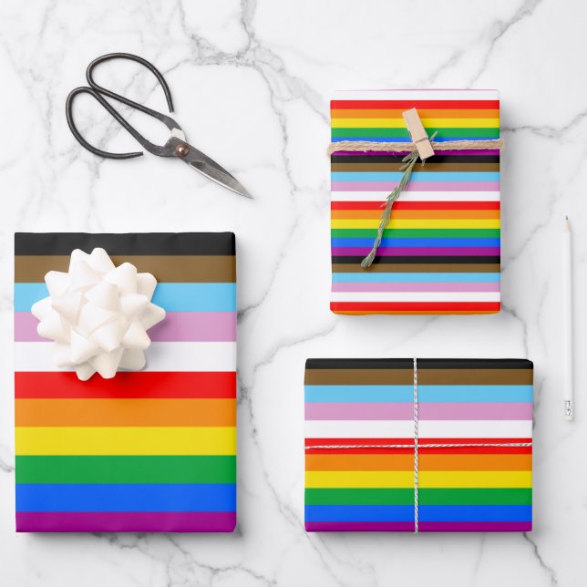 LGBTQ+ Progress Flag Stripes Wrapping Paper Sheet (Front)
