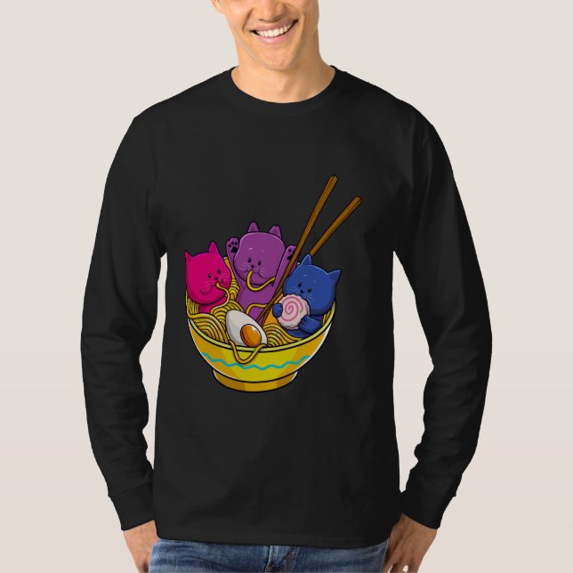 LGBTQ Rainbow Bisexual Pride Flag Cats In Ramen An T-Shirt (Front)