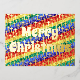 LGBTQ rainbow flag Jesus Cross Merry Christmas Foil Holiday Postcard