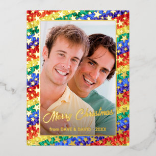 LGBTQ rainbow flag stars Christmas custom photo Foil Holiday Postcard