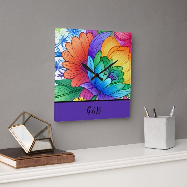 lgbtq rainbow floral square wall clock (Office)