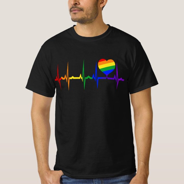 LGBTQ Rainbow Pride Heartbeat EKG Cool LGBTQ Gifts T-Shirt (Front)