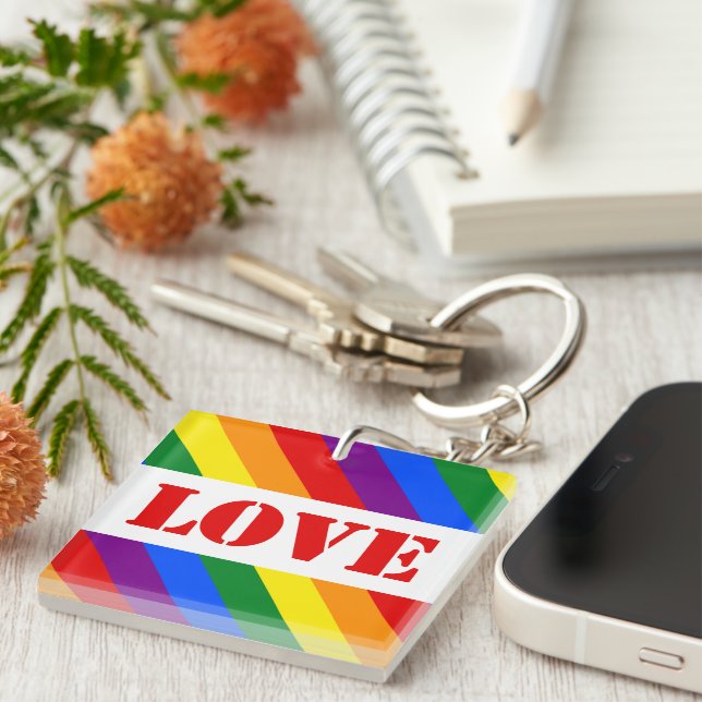 LGBTQ+ Rainbow square Flag Love for Pride Month -  Key Ring (Front Right)