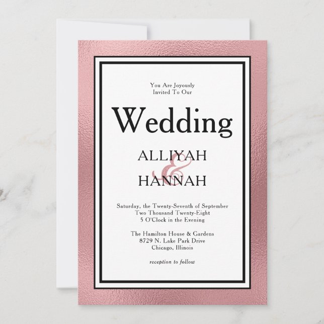 LGBTQ Rose Gold Black Modern Wedding Invitation (Front)