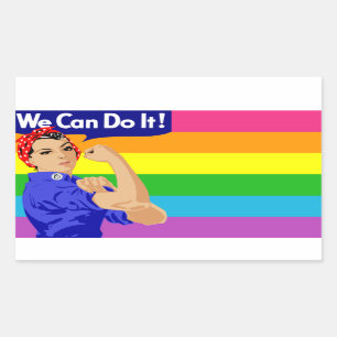 LGBTQ ROSIE THE RIVETER WITH RAINBOW FLAG RECTANGULAR STICKER
