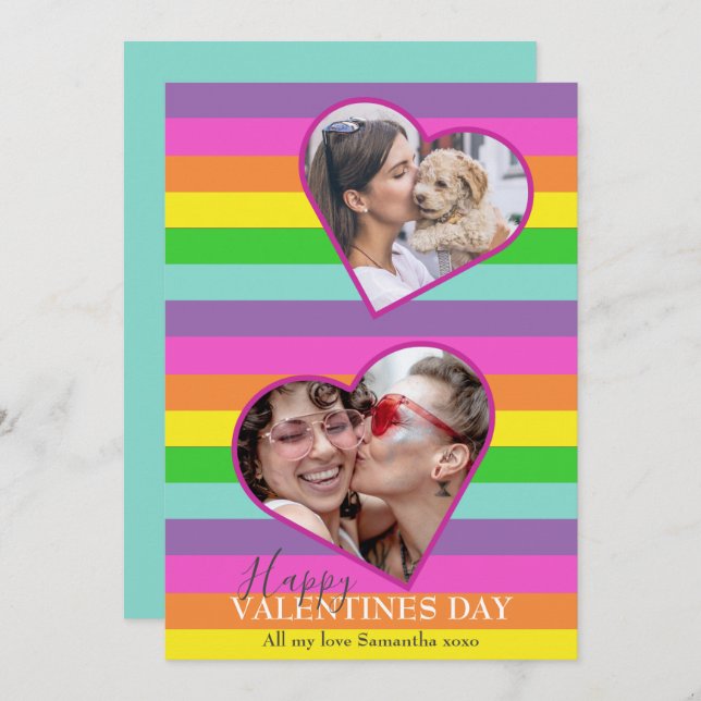 LGBTQ Valentines Rainbow Flag Photocard  Holiday C (Front/Back)