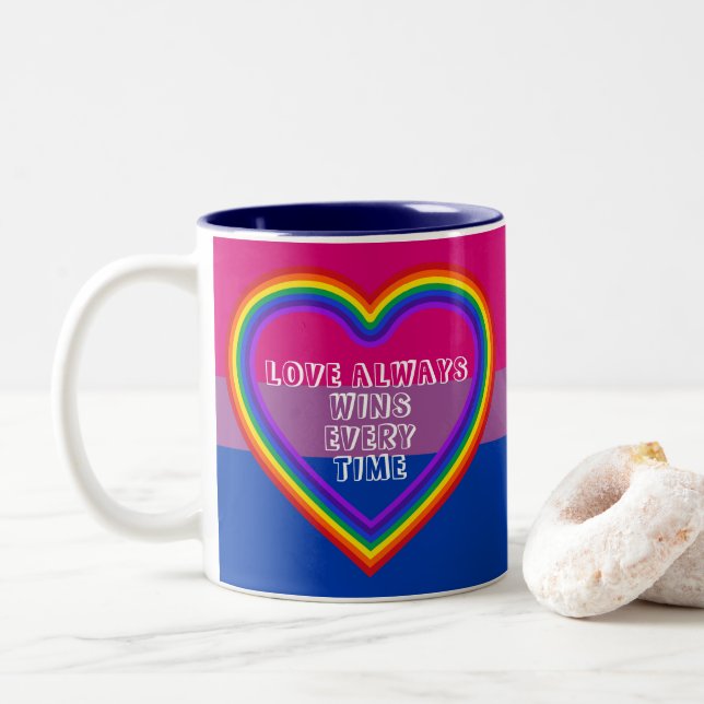 LGBTQAI Bisexual Pride Flag with Text Two-Tone Coffee Mug (With Donut)