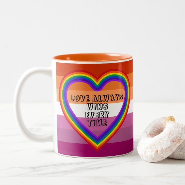 LGBTQAI Lesbian Pride Flag with Text Two-Tone Coffee Mug (With Donut)