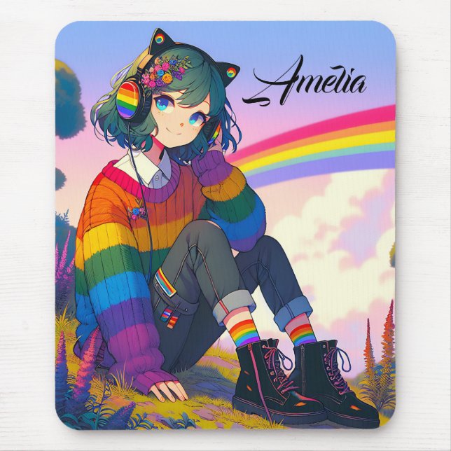 LGBTQIA+ Anime Girl Lesbian Pride Personalised Mouse Pad (Front)