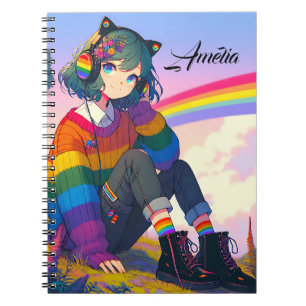 LGBTQIA+ Anime Girl Lesbian Pride Personalised Notebook