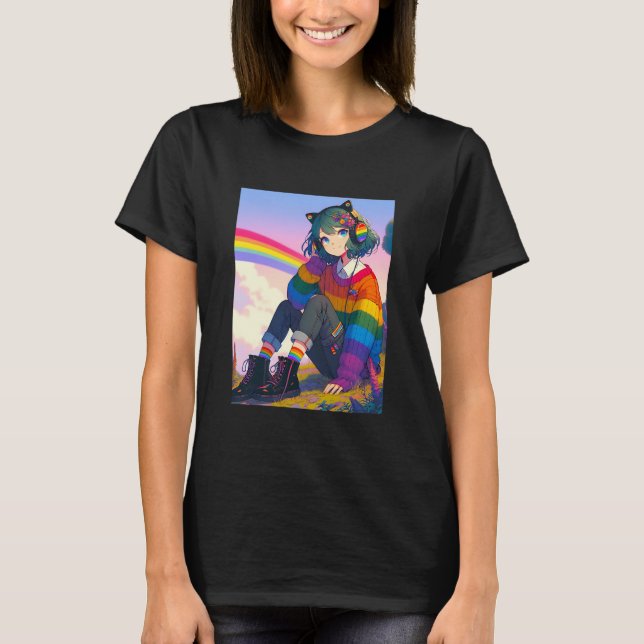 LGBTQIA+ Anime Girl Lesbian Pride  T-Shirt (Front)