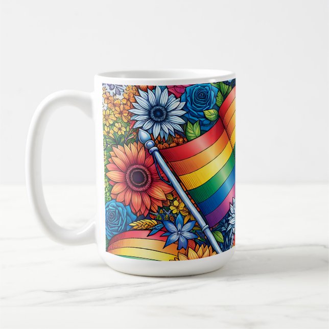 LGBTQIA+ Pride Flags, Rainbows, Flowers Coffee Mug (Left)