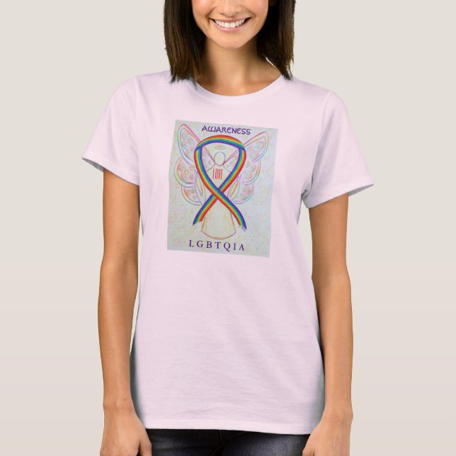 LGBTQIA Rainbow Awareness Ribbon Angel T-Shirts (Front)