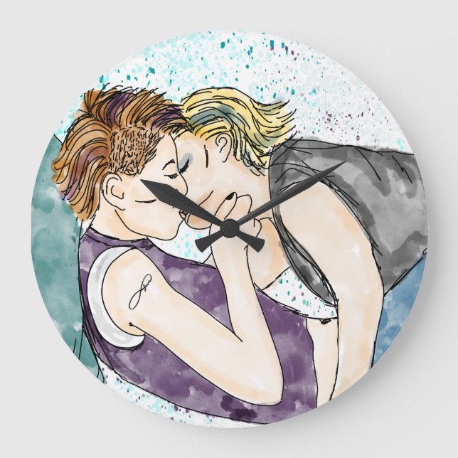 LGBTQIA+ Women Kissing Watercolor Art  Large Clock (Front)