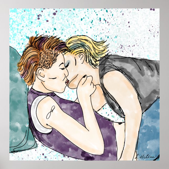 LGBTQIA+ Women Kissing Watercolor Art     Poster (Front)