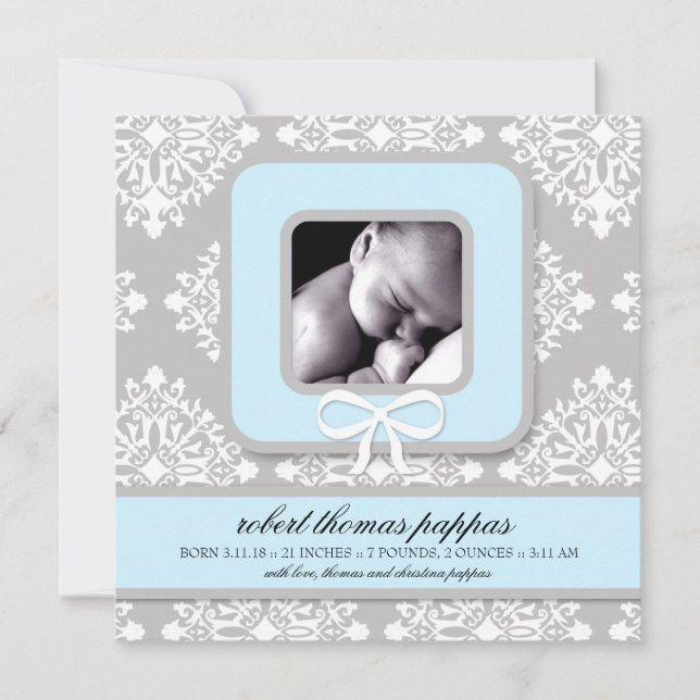 LGC | Grey & Blue Damask Boy Announcement (Front)