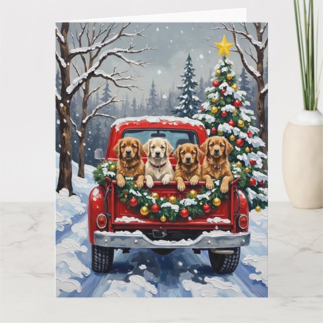 Lhasa Apso Christmas Red Truck Holiday Card (Front)
