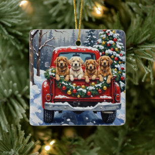 Lhasa Apso Christmas Red Truck Holiday Ceramic Ornament