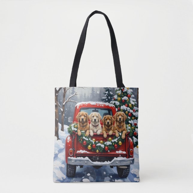 Lhasa Apso Christmas Red Truck Holiday Tote Bag (Front)