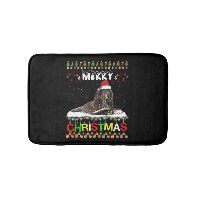 Lhasa Apso Christmas Tree Light Pajama Xmas Dog Bath Mat (Front)