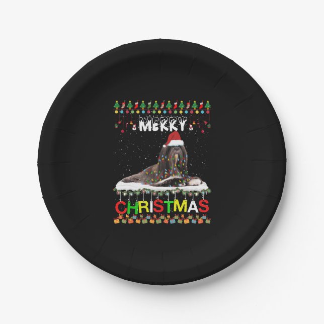 Lhasa Apso Christmas Tree Light Pajama Xmas Dog Paper Plate (Front)