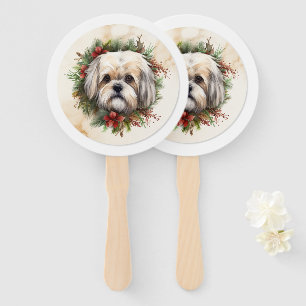 Lhasa Apso Christmas Wreath Festive Pup Hand Fan