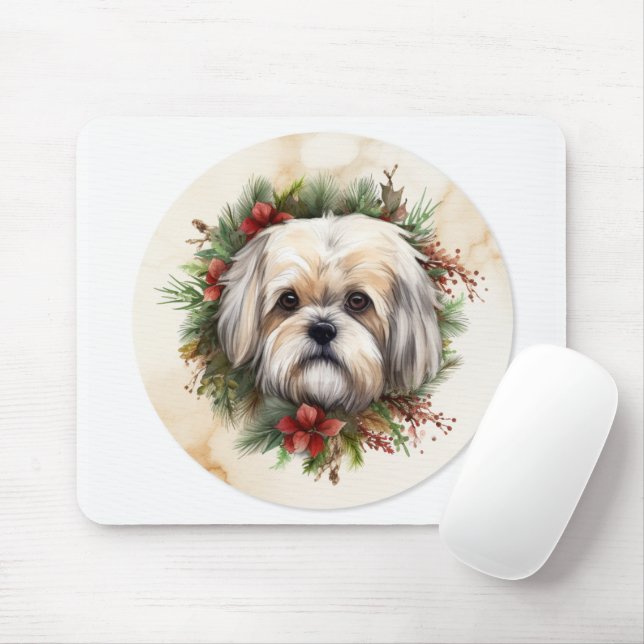 Lhasa Apso Christmas Wreath Festive Pup  Mouse Pad (With Mouse)