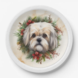 Lhasa Apso Christmas Wreath Festive Pup Paper Plate