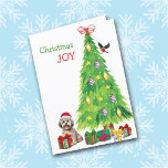 Lhasa Apso Dog, Bird and Christmas Tree Holiday Card<br><div class="desc">On the front of this Christmas card, an adorable little Lhasa Apso dog wears a red and white Santa Claus hat while he sits beside a Holiday tree. Brightly wrapped gift packages are scattered about, and a bullfinch is landing on the Christmas tree. The red and green text says "Christmas...</div>