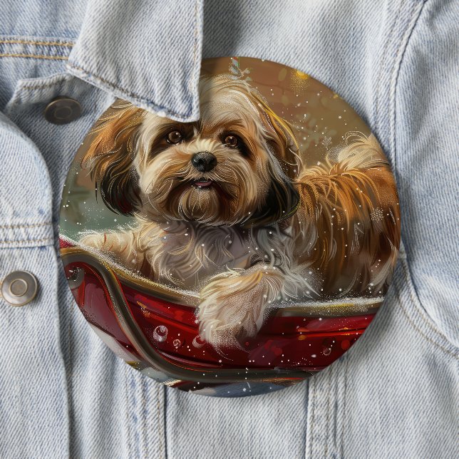 Lhasa Apso Dog Christmas Festive 6 Cm Round Badge (In Situ)