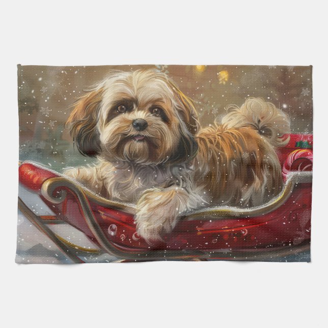 Lhasa Apso Dog Christmas Festive Tea Towel (Horizontal)