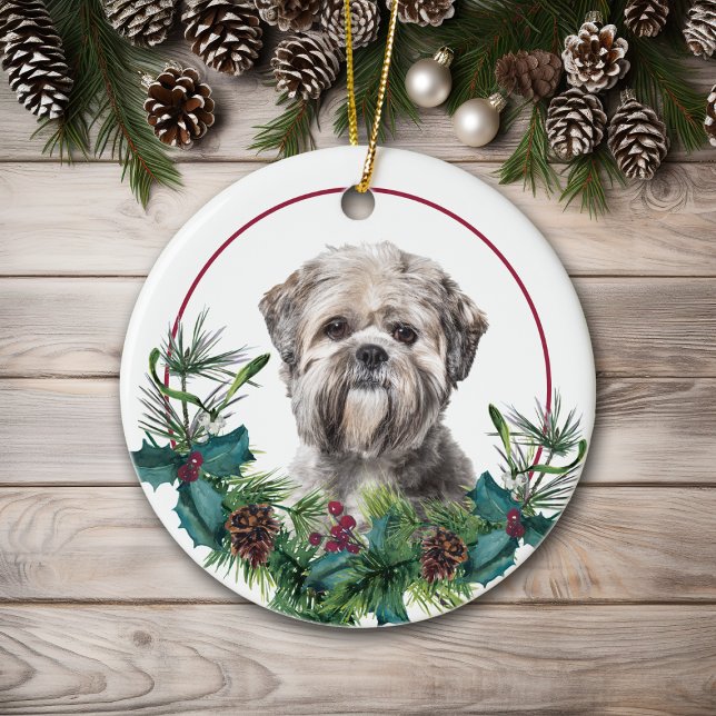 Lhasa Apso Dog Evergreen Berry Wreath Ceramic Tree Decoration (Creator Uploaded)