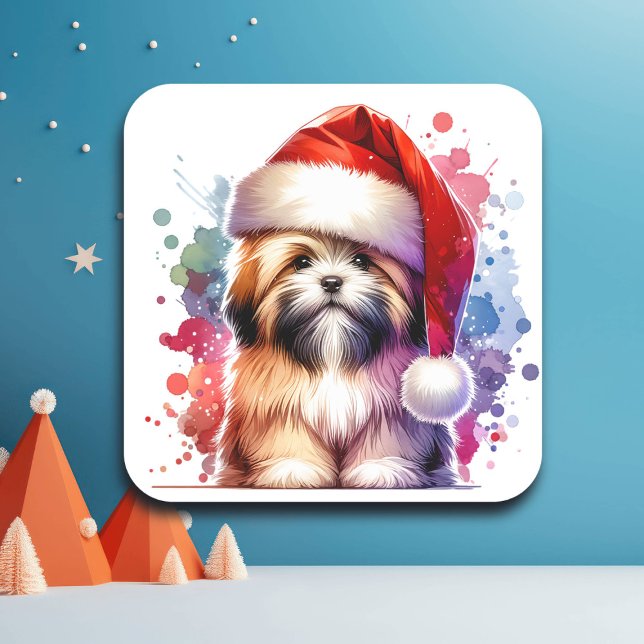 Lhasa Apso Dog in Santa Hat Christmas   Square Sticker (Creator Uploaded)