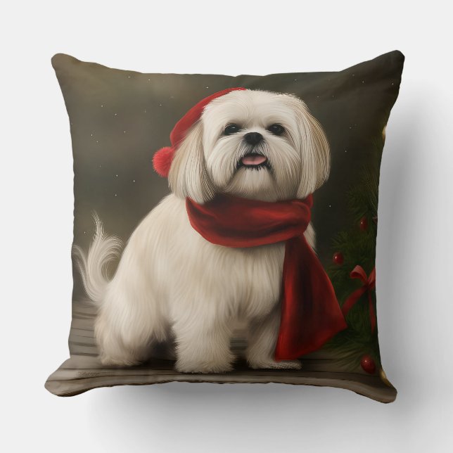Lhasa Apso Dog in Snow Christmas Cushion (Front)
