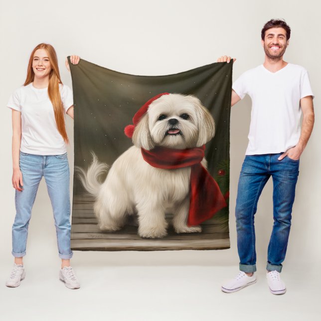 Lhasa Apso Dog in Snow Christmas Fleece Blanket (In Situ)