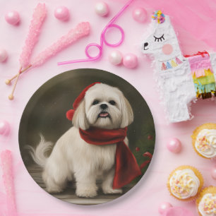 Lhasa Apso Dog in Snow Christmas Paper Plate