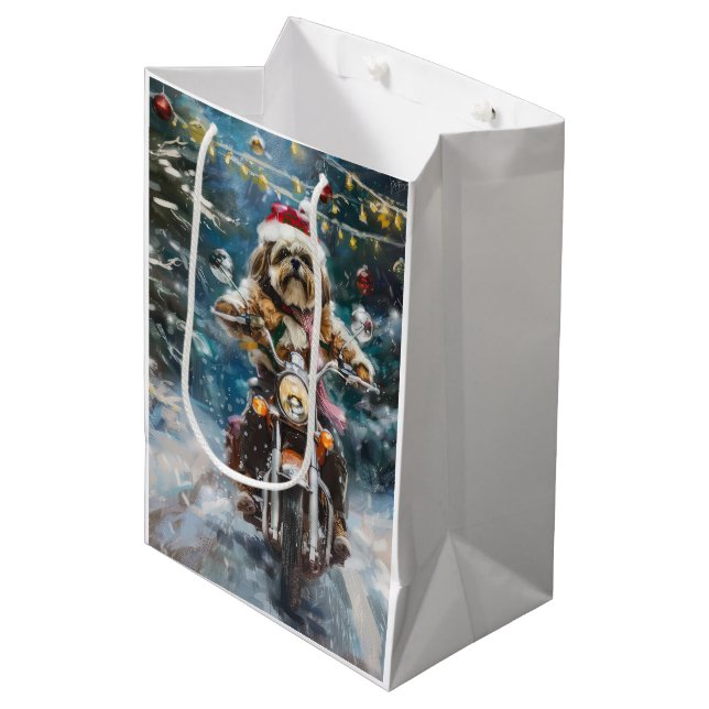 Lhasa Apso Dog Riding Motorcycle Christmas  Medium Gift Bag (Front Angled)