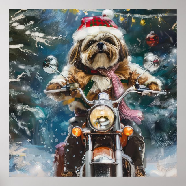Lhasa Apso Dog Riding Motorcycle Christmas  Poster (Front)