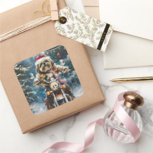 Lhasa Apso Dog Riding Motorcycle Christmas Square Sticker