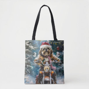 Lhasa Apso Dog Riding Motorcycle Christmas Tote Bag
