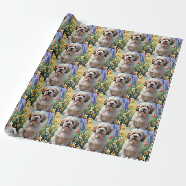 Lhasa Apso Dog Spring Flowers Painting  Wrapping Paper (Unrolled)